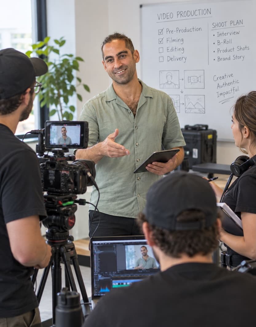 Sunny Bar talks with a small film crew beside a camera and a whiteboard listing the steps of a video production. AI-generated image.